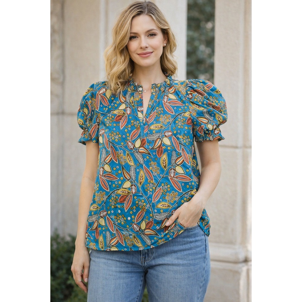 ROSE+OLIVE Blue Floral Ruffle Neck Puff‎ Sleeve Top Women's Med Whimsigoth Indie